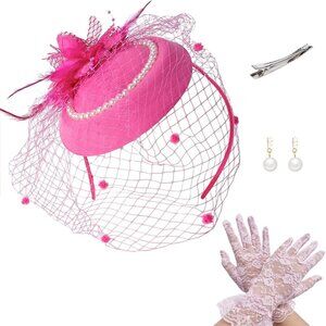 Women Fascinators Hats Set Pink Veil Feather Pearl Tea Party Bridal Accessories